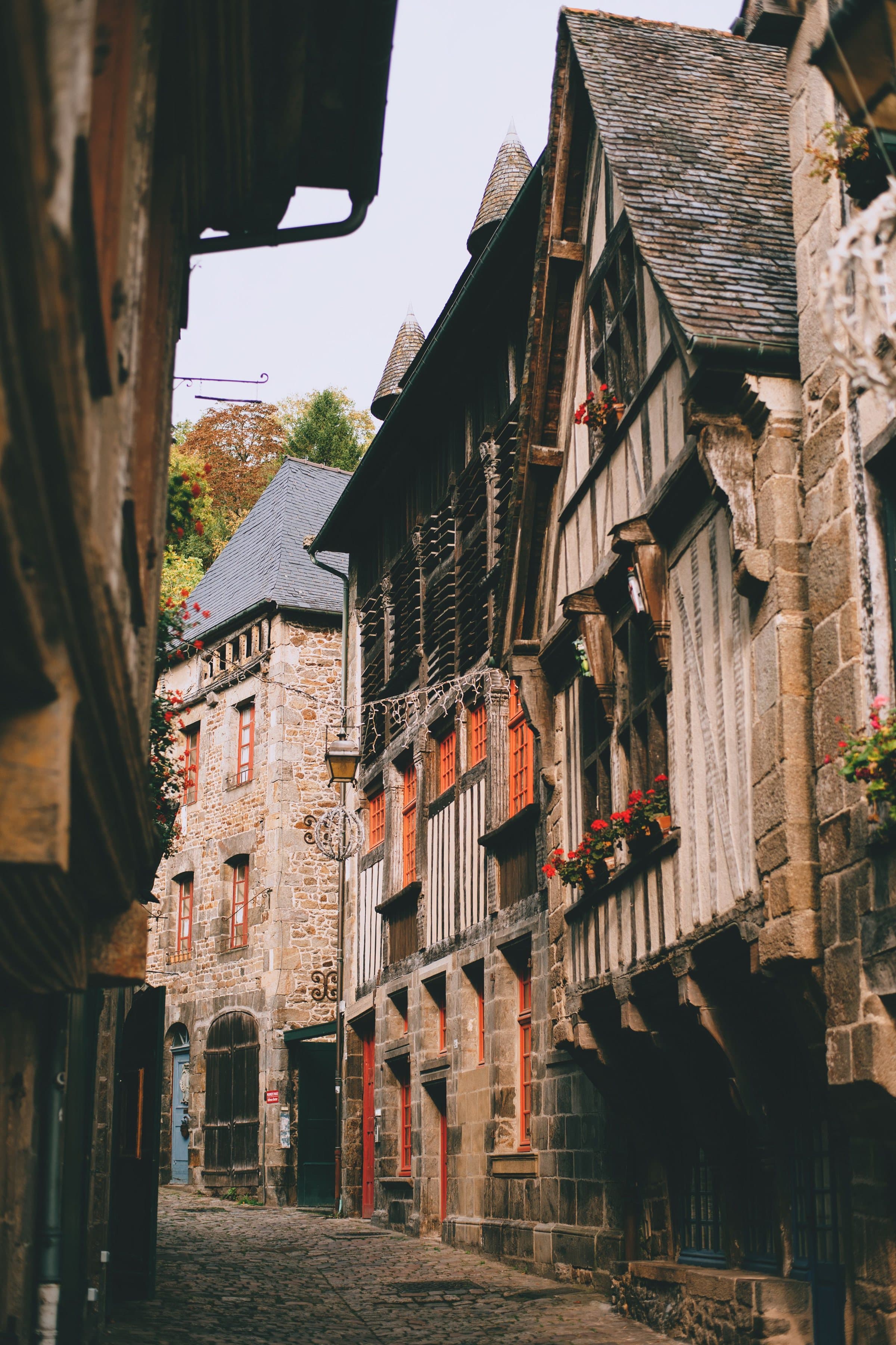 Half-timbered houses on a street in old Quimper