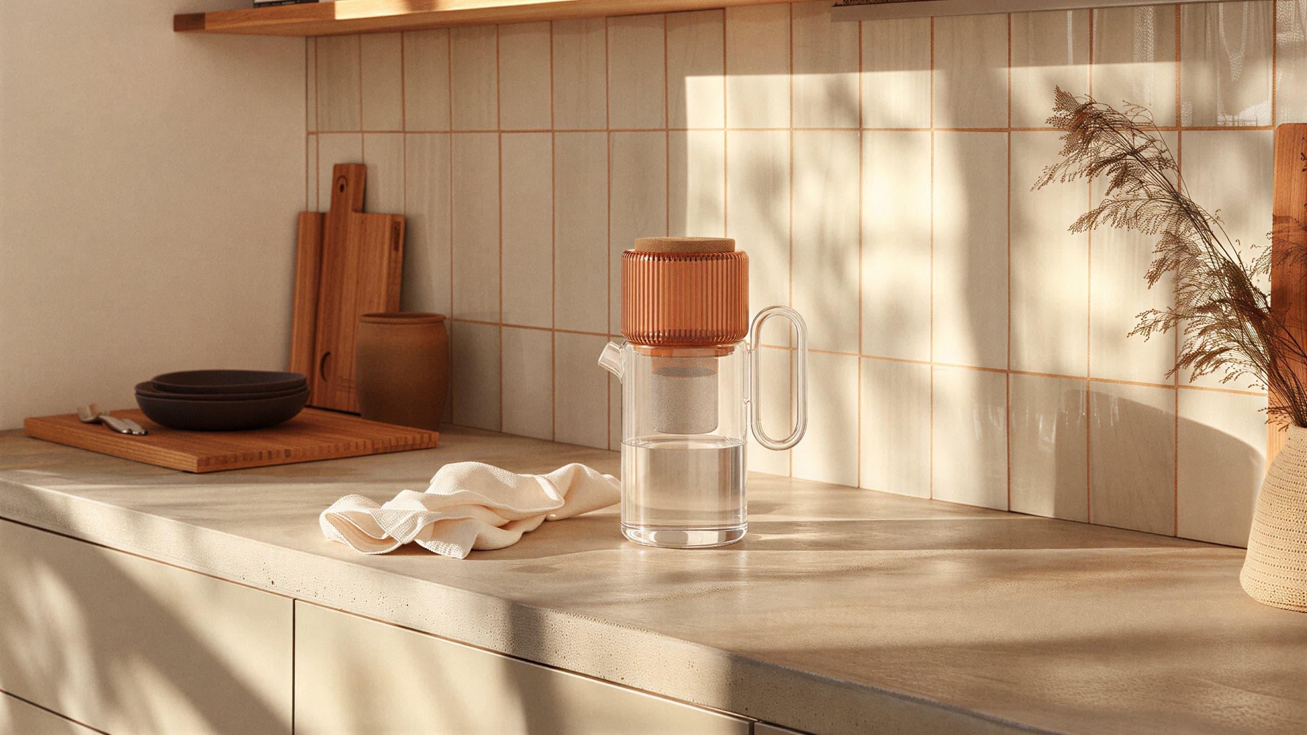 The omomi pitcher, glass with a coral filter housing and cork lid, on a kitchen counter in morning light